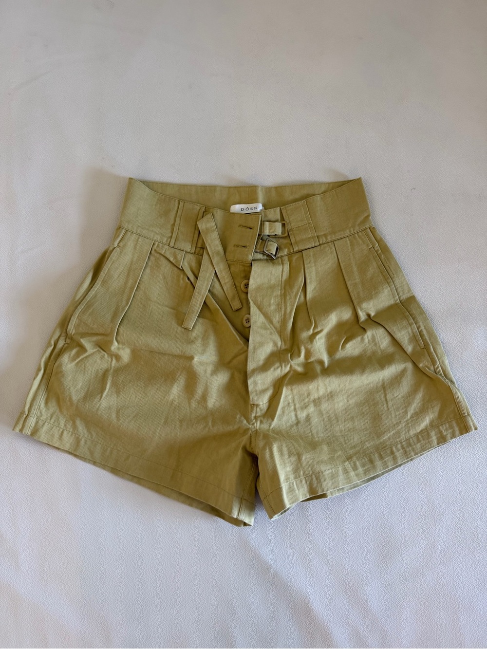 Doen High-Waist Paperbag Shorts in Olive